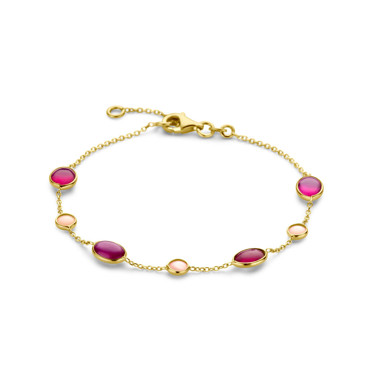 Gouden armband met roze opaal en robijn, 14K, met een schakelsysteem en meerdere ovale edelstenen.