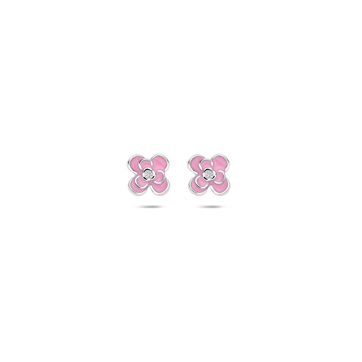 Zilveren oorknopjes in bloemdesign met roze emaille en een zirkonia-steentje in het midden.