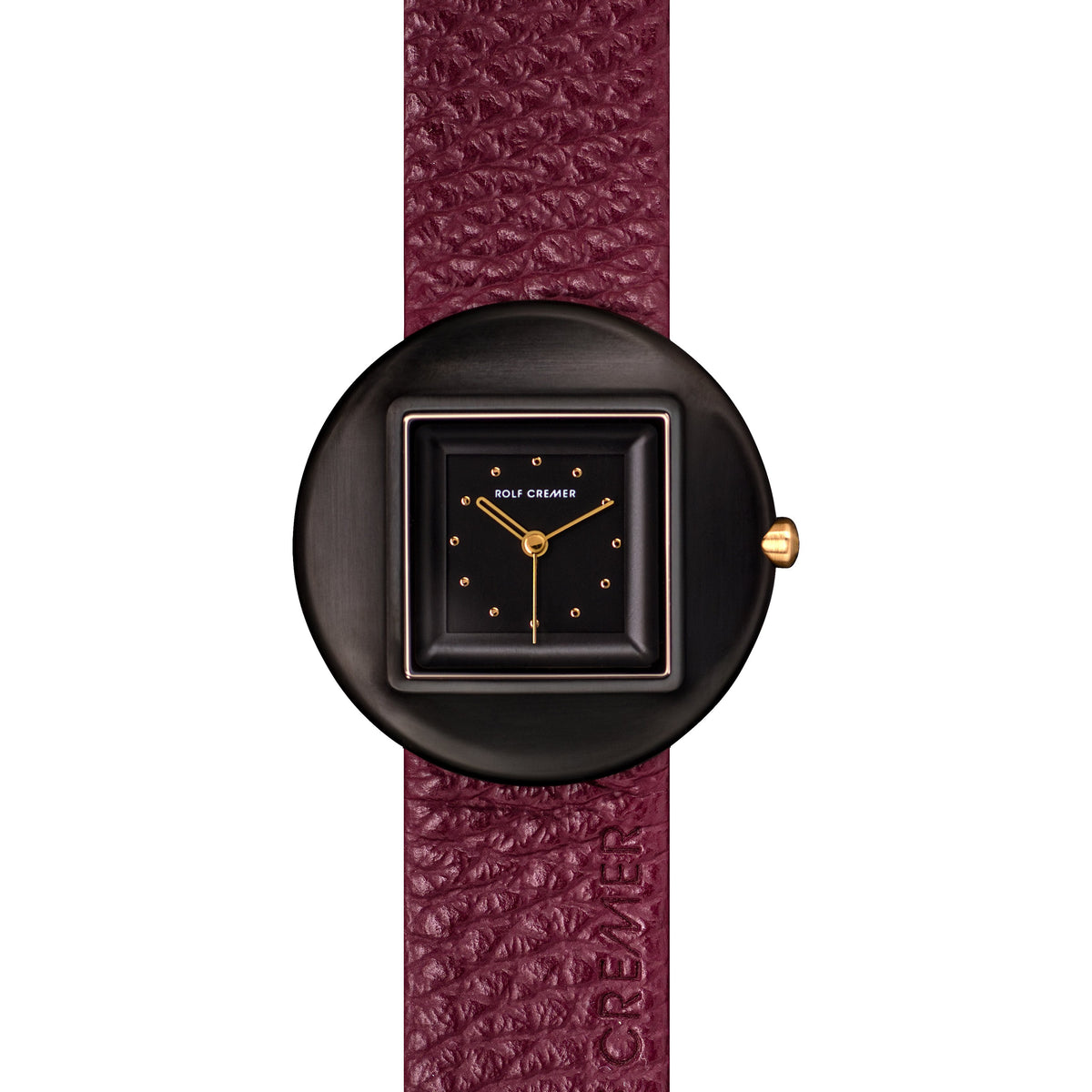 Zwart vierkant horloge met gouden details en een bordeauxrode leren band.