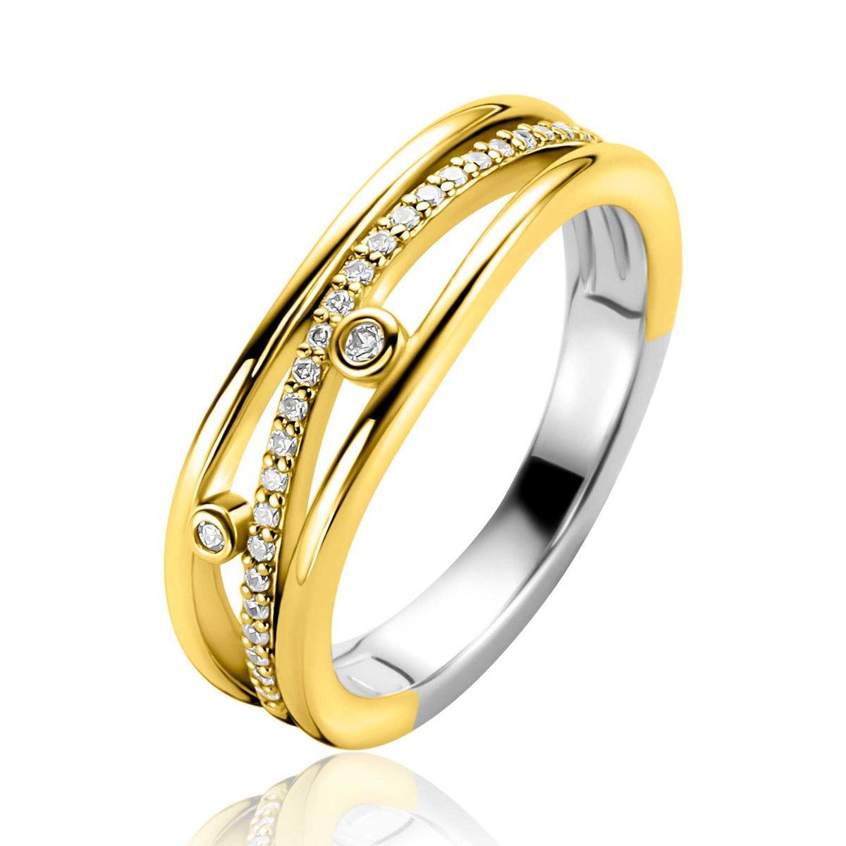 De Zinzi Ring Zilver ZIR2685 van Zinzi heeft twee in elkaar overlopende gouden banden, één met kleine ronde diamanten en twee met bezel gezette diamanten op een zilveren basis, waardoor een stijlvolle en moderne look ontstaat.