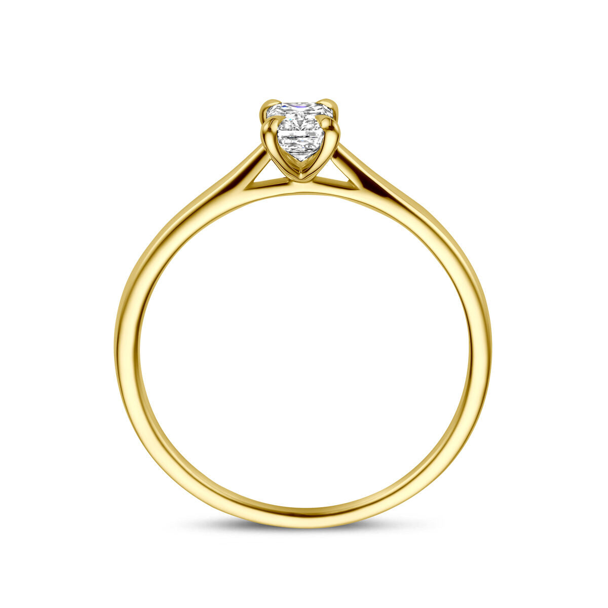 De Van der Kooij Collectie ring heeft een 0.50ct H SI lab grown diamant in hartvorm, gezet in 14K geelgoud met een prong zetting en een gladde, eenvoudige damesringband die de fonkelende steen vanaf de zijkant benadrukt.