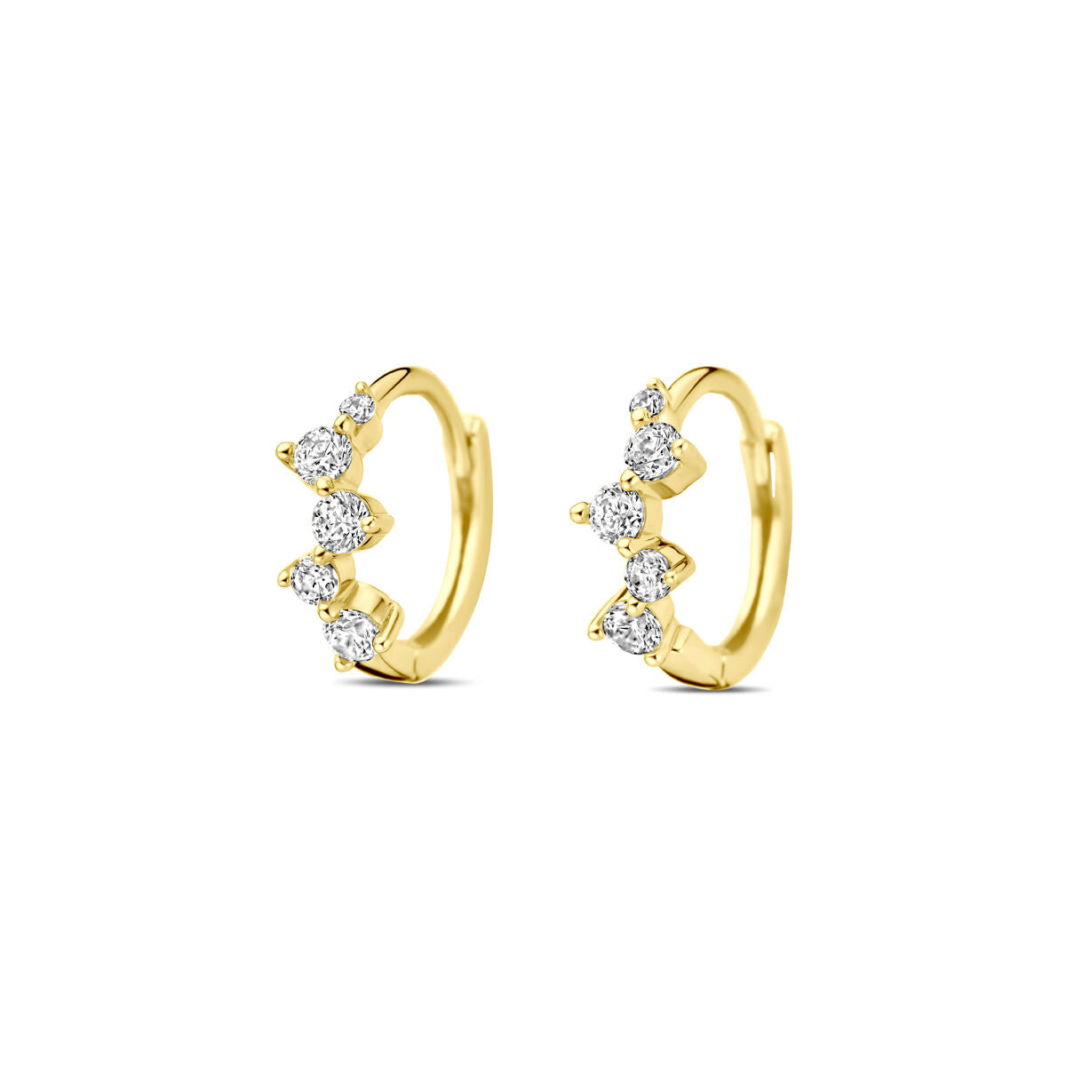 Van der Kooij Collectie klapoorringen zirkonia 10,5 mm van 14K geelgoud, elk met drie ronde witte zirkonia aan de voorkant, gepresenteerd op een eenvoudige witte achtergrond.