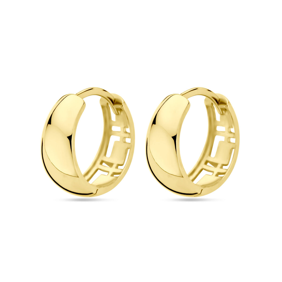 Klapoorringen van 14K geelgoud met een gladde afwerking en een geometrisch patroon.