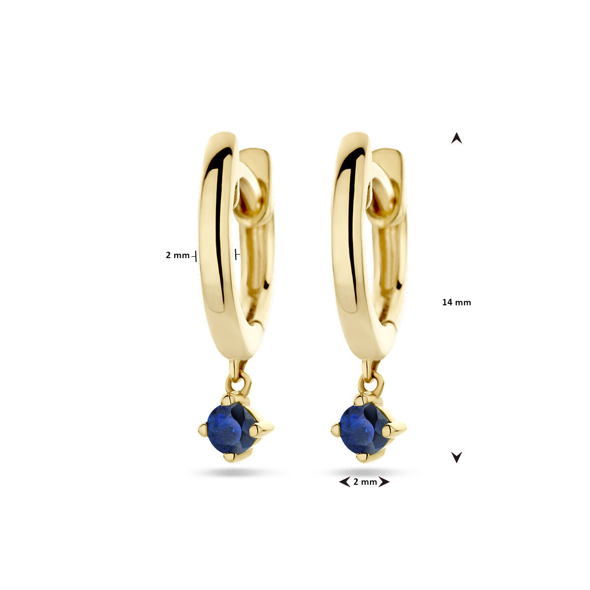 Van der Kooij Collectie klapoorringen saffier 14K geelgoud: deze goudkleurige oorbellen meten 14 mm lang en 2 mm breed, met kleine saffierstenen van ca. 2 mm als hanger.