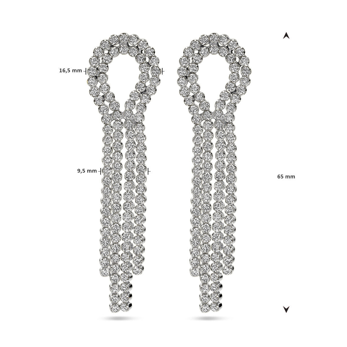 Van der Kooij Collectie oorhangers zirkonia zilver gerhodineerd: lange, geluste oorbellen met drie hangende strengen, bezet met zirkonia. Afmetingen: 16,5 mm breed, 9,5 mm binnenbreedte en 65 mm lang.