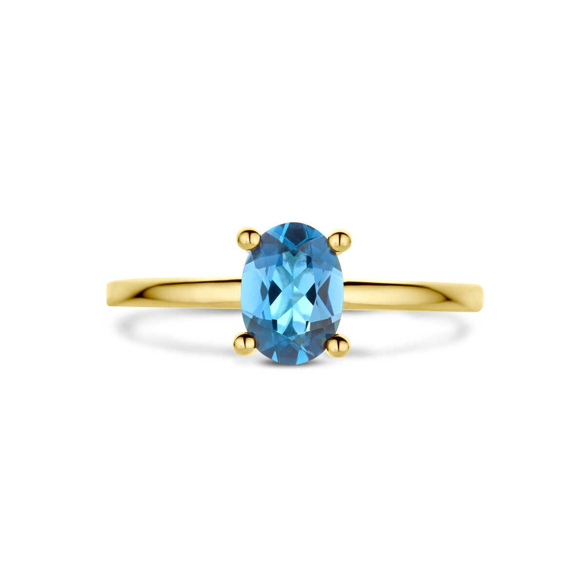 De Van der Kooij Collectie ring london blue topaas 14K geelgoud is een damesring met een enkele ovaal geslepen London blauwe topaas in een viersprong zetting, afgebeeld op een witte achtergrond.