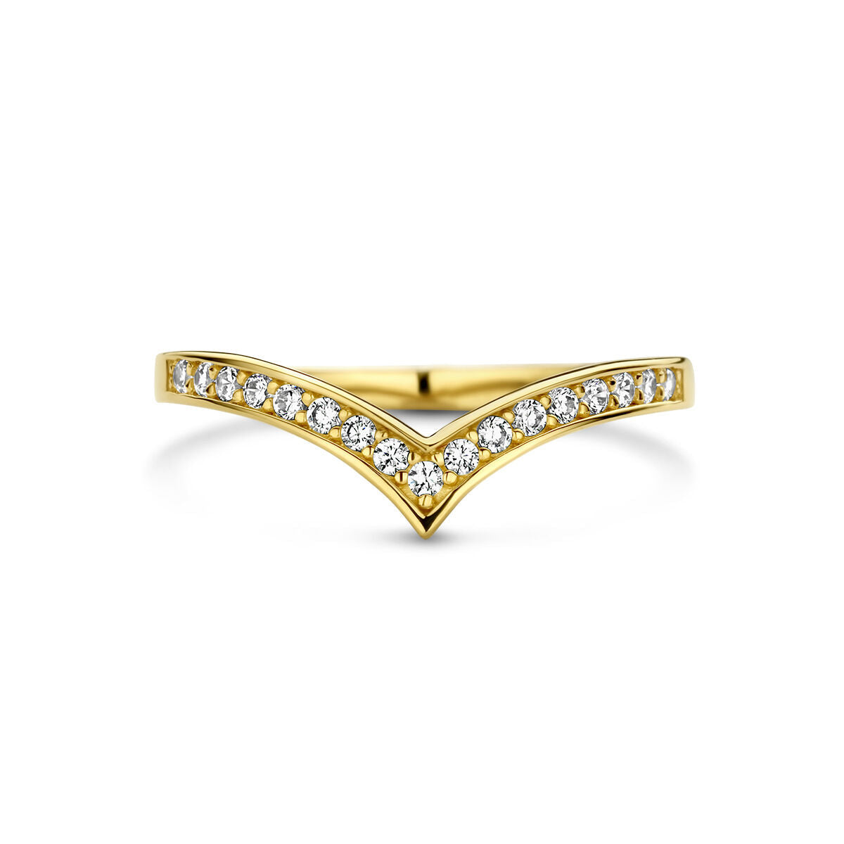 De ring v zirkonia 14K geelgoud van Van der Kooij Collectie is een visgraatvormige ring van 14k geelgoud, met een rij zirkonia stenen langs de bovenste V voor een elegante look.