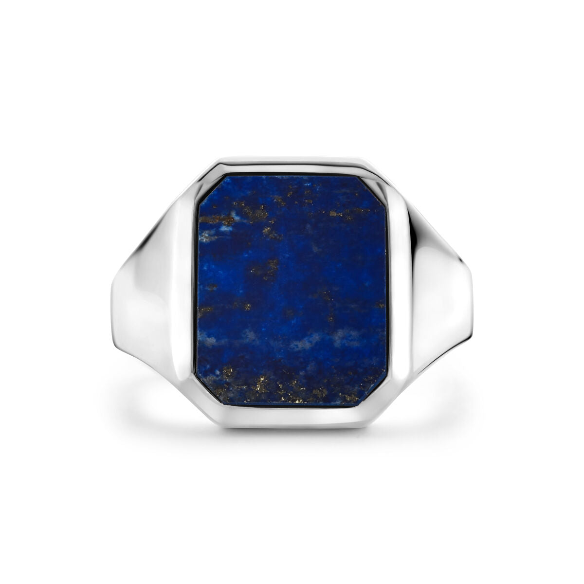 Een Van der Kooij Collectie zegelring massief lapis 13 x 11mm van 925 zilver wit met een rechthoekige lapis steen en subtiele gouden spikkels, afgebeeld tegen een effen witte achtergrond.