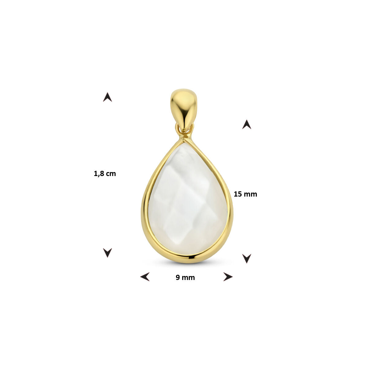 Druppelvormige hanger parelmoer 14K geelgoud van Van der Kooij Collectie met een wit hart en gouden rand, afgebeeld op een witte achtergrond. Zwarte tekst en pijlen geven de grootte aan: 1,8 cm hoog, 15 mm lang en 9 mm breed.