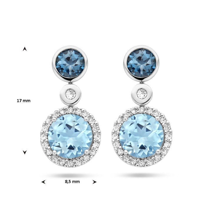 oorhangers london blue topaas, blauw topaas en diamant 0.16ct (2x 0.08ct) h si halo 14K witgoud