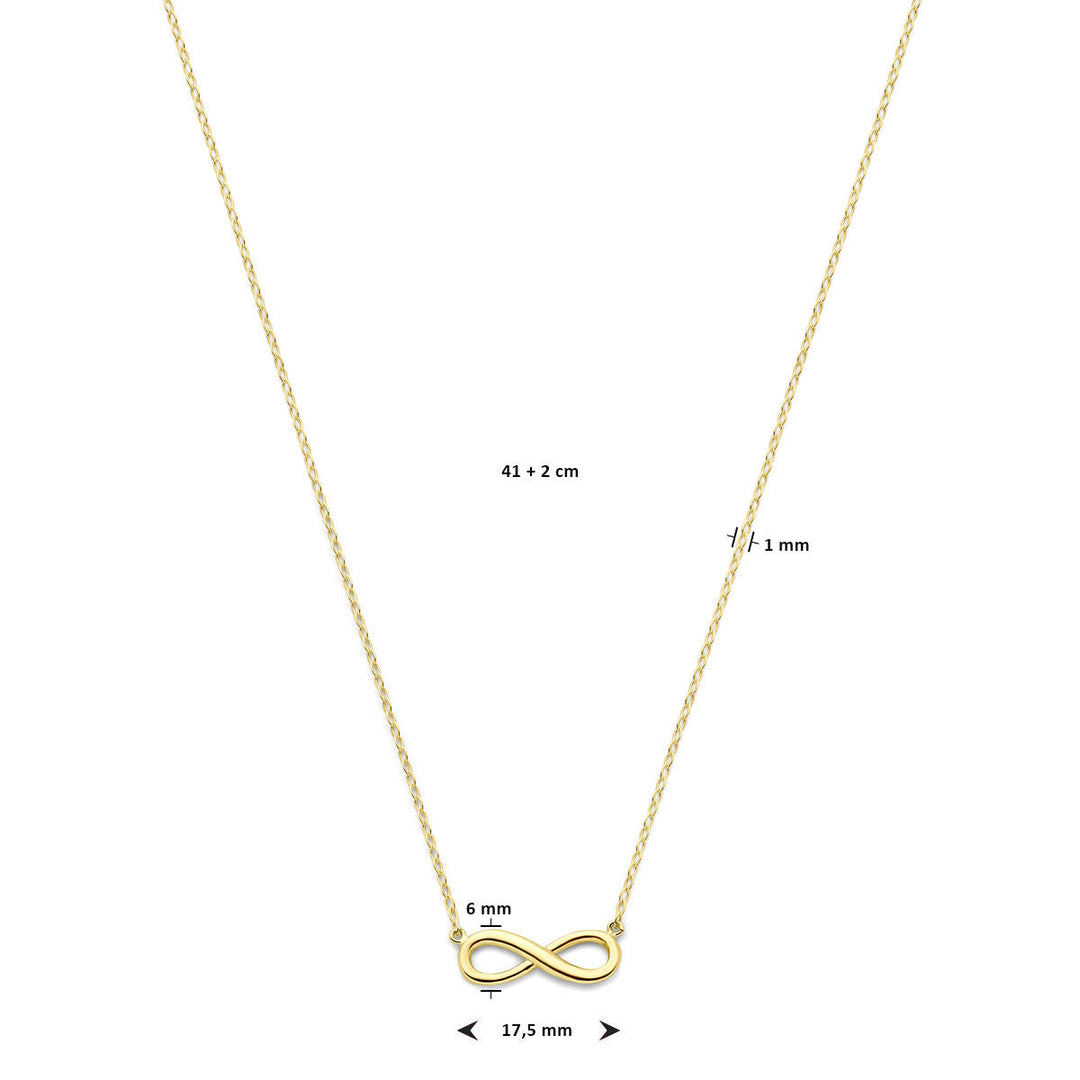 Het Van der Kooij Collectie collier infinity 41 + 2 cm 14K geelgoud is een delicaat dames sieraad met een dunne ketting en kleine infinity hanger (17,5 x 6 x 1 mm).