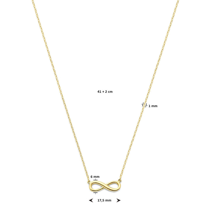 Het Van der Kooij Collectie collier infinity 41 + 2 cm 14K geelgoud is een delicaat dames sieraad met een dunne ketting en kleine infinity hanger (17,5 x 6 x 1 mm).