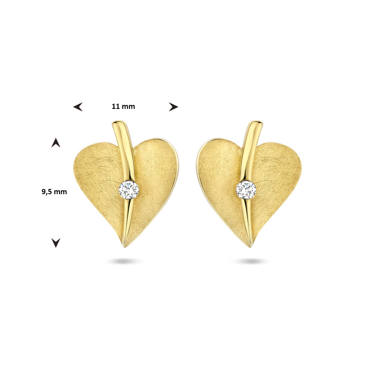 oorknoppen hart gescratcht diamant 0.04ct (2x 0.02ct) h si 14K geelgoud