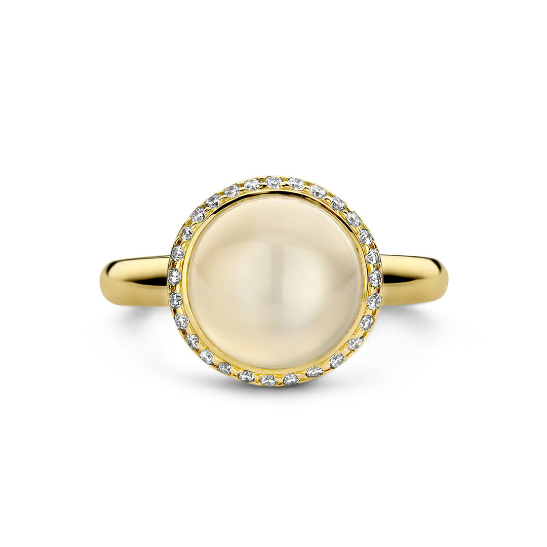 ring white moonstone and diamond 0.15ct h si halo 14K yellow gold