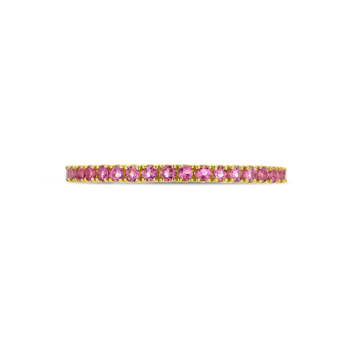 De Van der Kooij Collectie ring met geboortesteen roze toermalijn oktober in 14K geelgoud heeft kleine ronde roze toermalijn edelstenen rondom de band, geïnspireerd op delicate ontwerpen, getoond op een witte achtergrond.