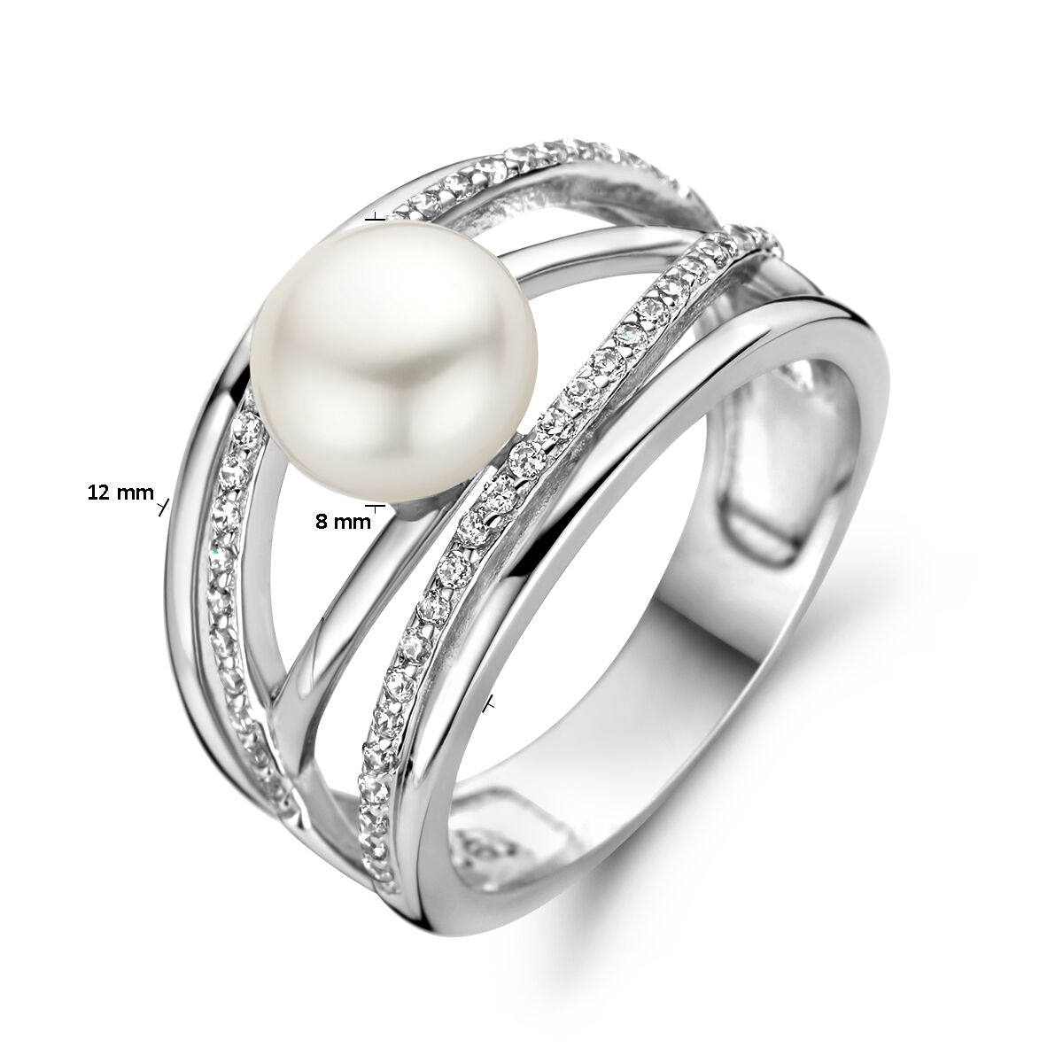 De Van der Kooij Collectie ring parel zilver gerhodineerd heeft drie splitbanden met zirkonia en een opvallende 8 mm witte zoetwaterparel in het midden. De zilveren band is aan de voorkant 12 mm hoog.