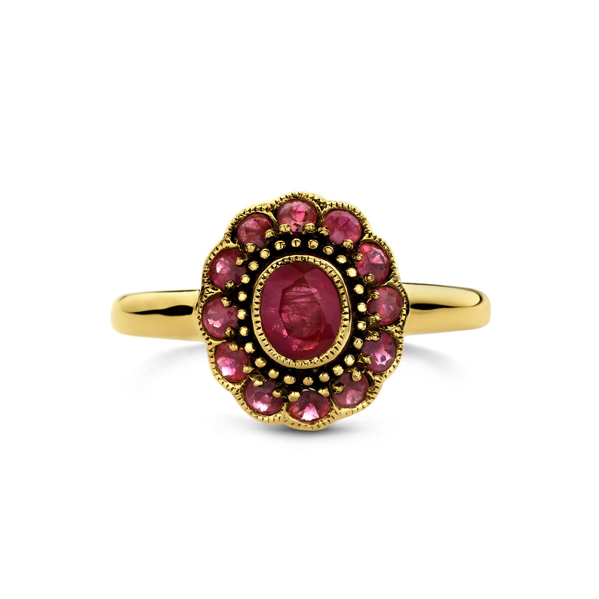 De ring robijn 14K geelgoud uit de Van der Kooij Collectie heeft een ovaalvormige robijn, omringd door kleinere rode stenen in een vintage stijl.