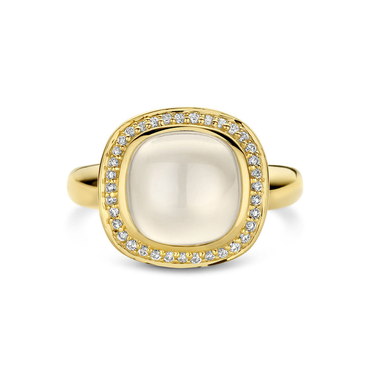 ring white moonstone and diamond 0.20ct h si halo 14K yellow gold