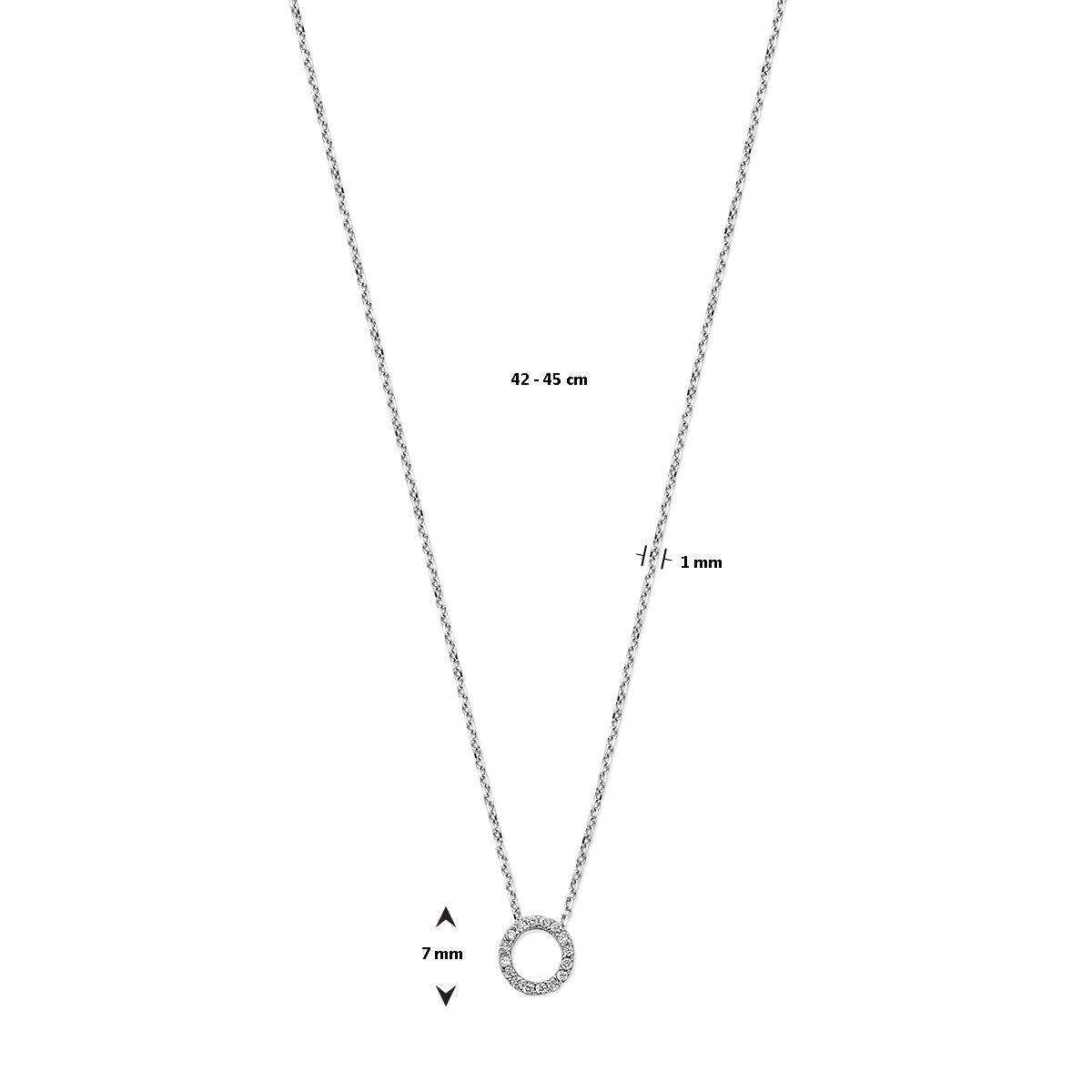 Gouden dames ketting met cirkelvormige diamanten hanger, 14K witgoud, van de Van der Kooij Collectie. Verstelbare lengte 42-45 cm, hanger Ø7 mm x 1 mm, elegant ontwerp. Afgebeeld op witte achtergrond met afmetingen.