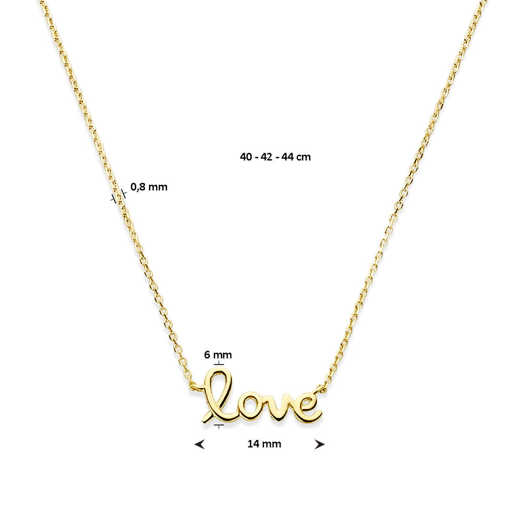 Het collier love 40-42-44 cm van de Van der Kooij Collectie is een verfijnd 14K geelgouden sieraad met een delicate ketting en een hanger gegraveerd met "love" in cursief. Lengte verstelbaar, hanger 6x14 mm, dikte 0.8 mm.
