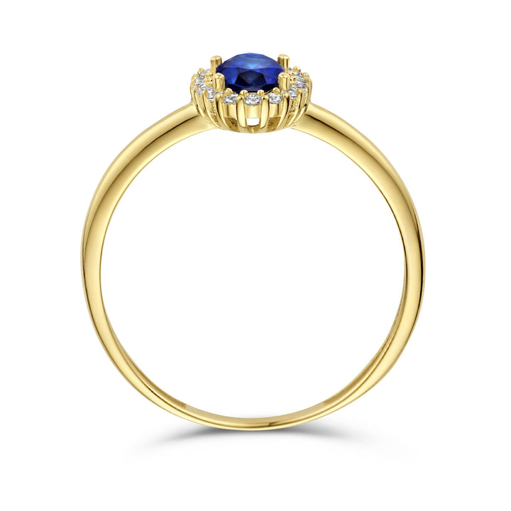 ring synth. sapphire and zirconia halo 14K yellow gold