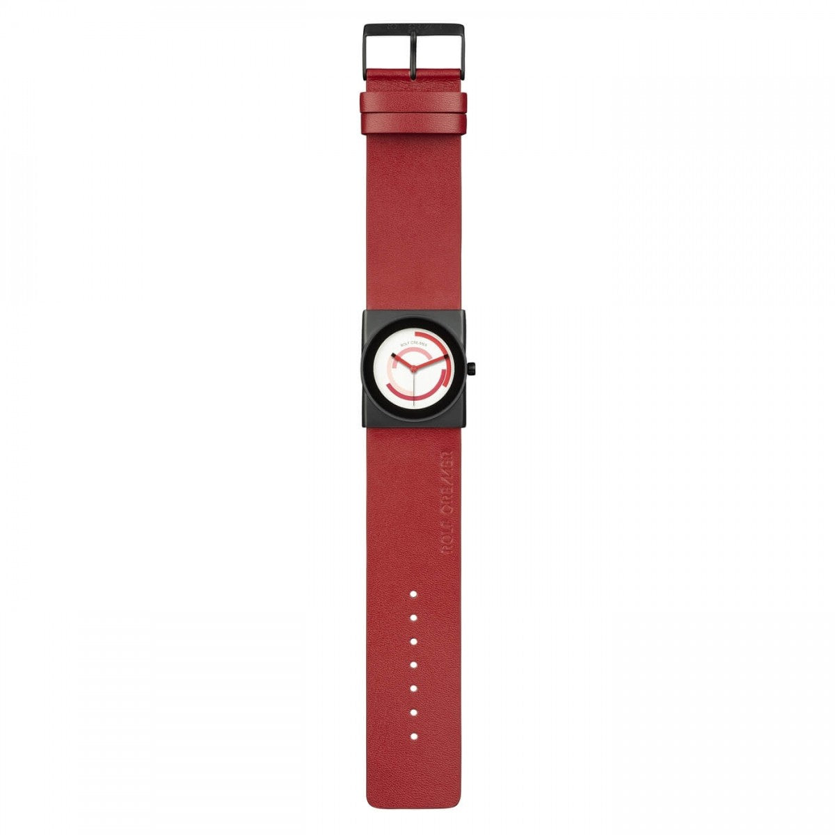 De Rolf Cremer Horloge 507403 Alvo is een unisex horloge met een moderne vierkante zwarte wijzerplaat en rode leren band. Het heeft abstracte rode lijnen op een witte wijzerplaat, aangestuurd door een quartz uurwerk, met een verstelbare band voor de maat.