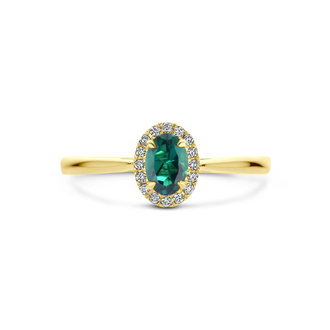 ring lab grown emerald and diamond 0.075ct h si halo 14K yellow gold