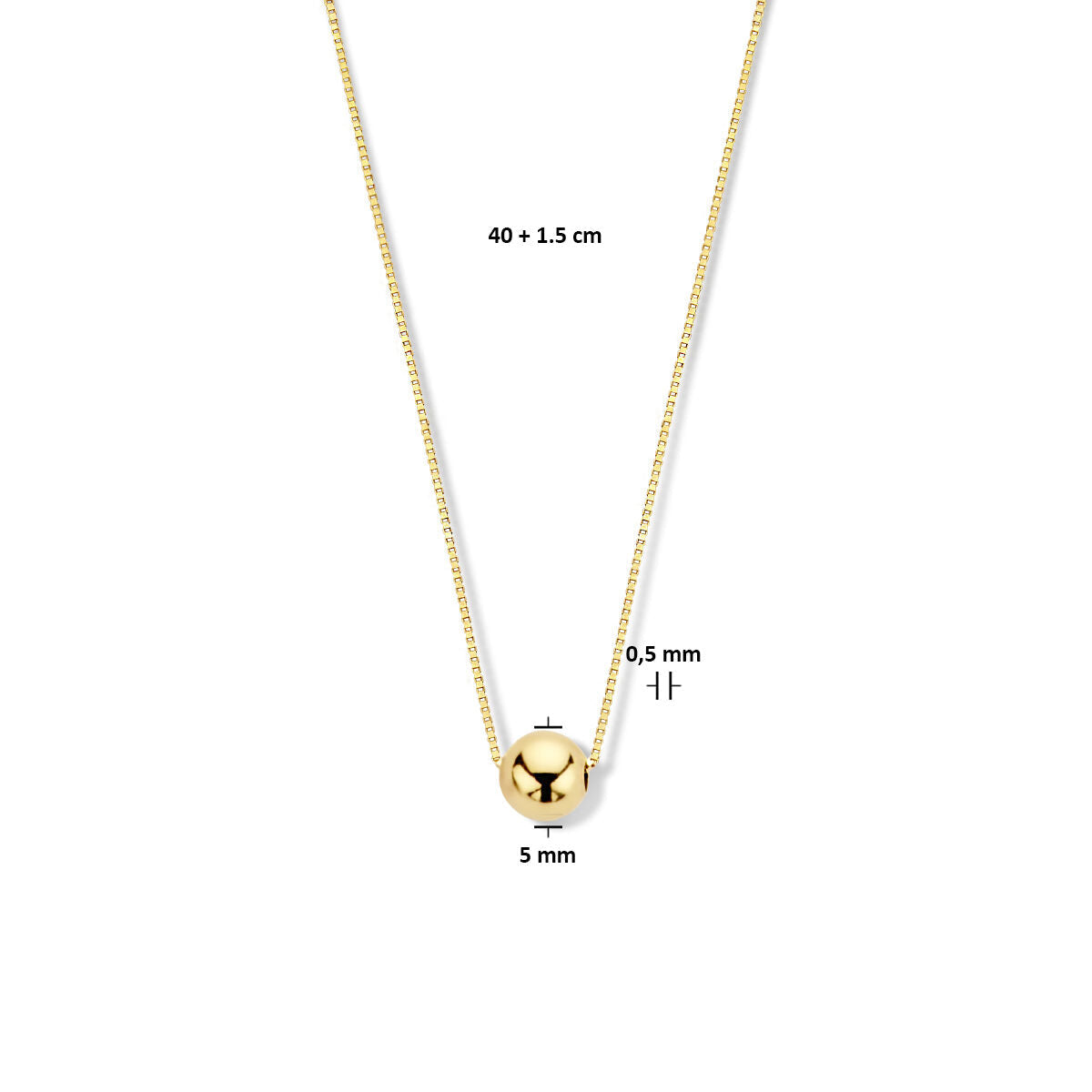 De Van der Kooij Collectie collier bol 40 + 1,5 cm is een damesketting in 14K geelgoud, met een delicate Venetiaanse schakel, kleine ronde gouden kralenhanger (5 mm) en een kettingdikte van 0,5 mm.