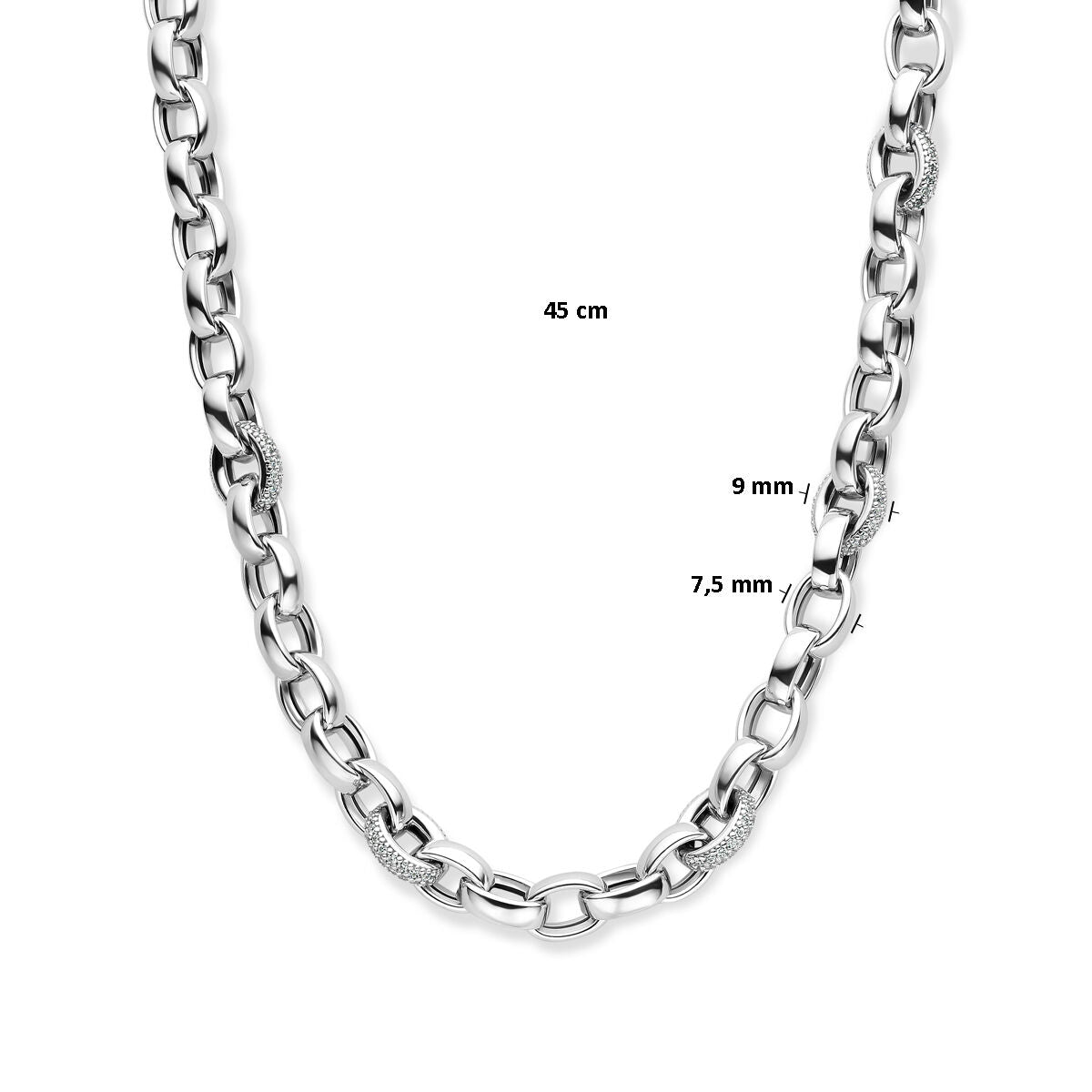 necklace jasseron oval zirconia 7.5 mm 45 cm silver rhodium plated