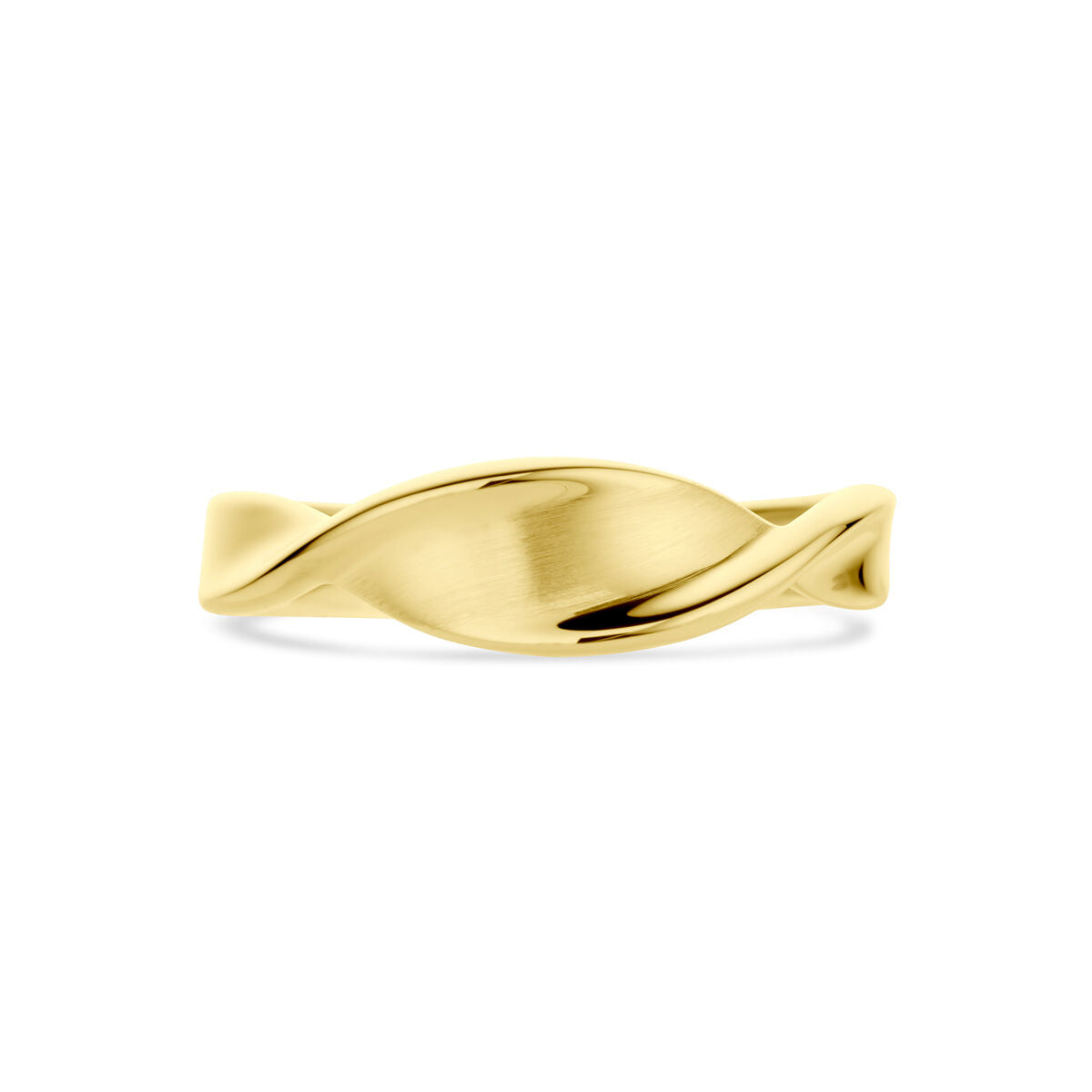 De ring poli/mat 14K geelgoud uit de Van der Kooij Collectie heeft een glad, gedraaid ontwerp en straalt eenvoudige elegantie uit, gefotografeerd op een effen witte achtergrond.
