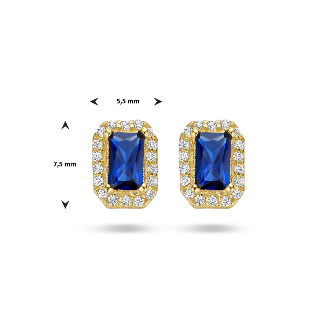 ear studs synth. sapphire and zirconia halo 14K yellow gold