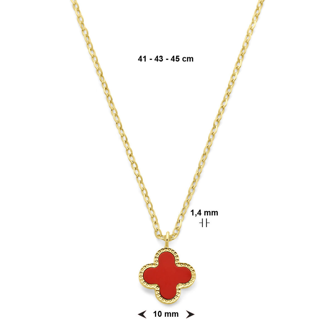 Gold ladies necklace clover red epoxy 14K