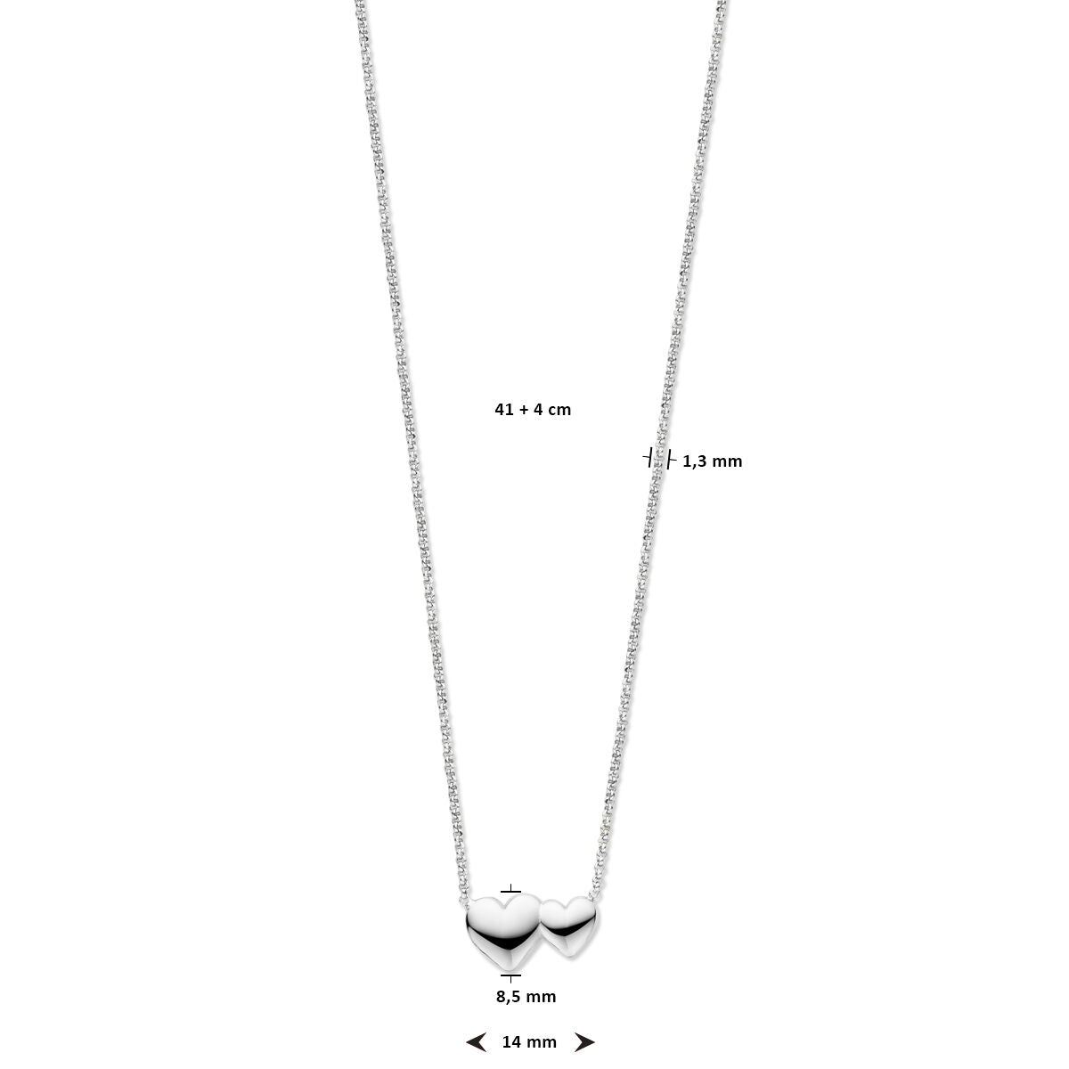 collier hartjes 41 + 4 cm zilver gerhodineerd