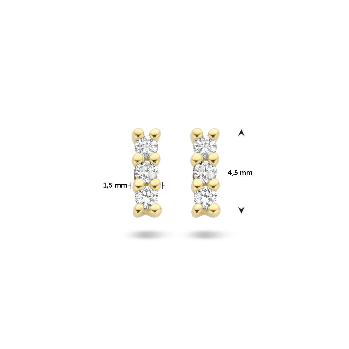 Van der Kooij Collectie oorknoppen in 14K geelgoud, elk bezet met 2 diamanten (0,05ct totaal, H/P1). Deze elegante oorbellen meten 1,5 mm breed en 4,5 mm hoog.