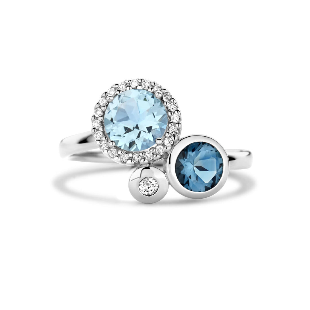 ring london blue topaz, blue topaz and diamond 0.09ct h si halo 14K white gold