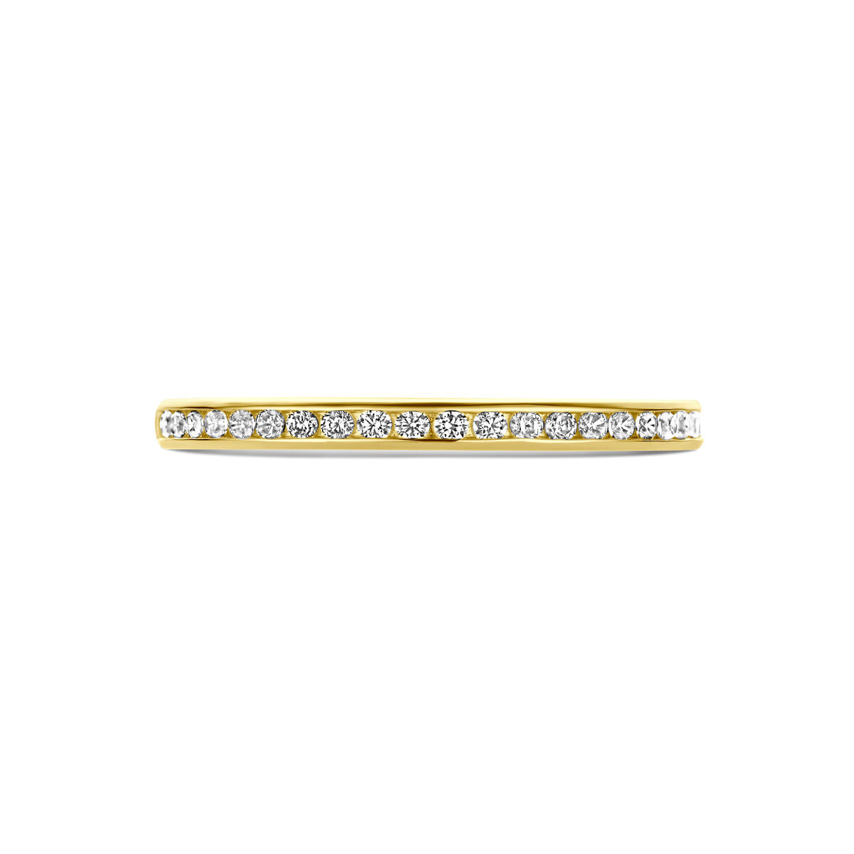 Aanschuifring zirkonia 14K geelgoud van Van der Kooij Collectie, met een rij transparante zirkonia langs de bovenzijde van de band, getoond tegen een witte achtergrond.