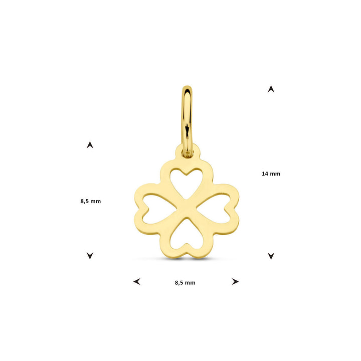 De hanger klaver 14K geelgoud van Van der Kooij Collectie is een gouden klavertjevier bedel met hartvormige uitsparingen, die geluk symboliseren. Hij is 14 mm hoog, 8,5 mm breed en heeft een klein rond oogje voor eenvoudige bevestiging.