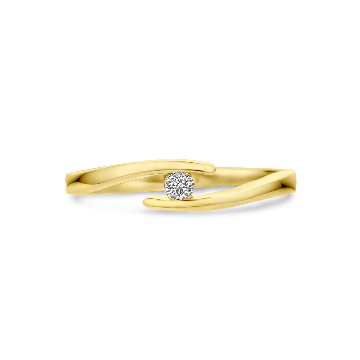 De Van der Kooij Collectie ring zirkonia 14K geelgoud heeft een enkele ronde zirkonia gezet tussen twee zacht gebogen, overlappende geelgouden banden.