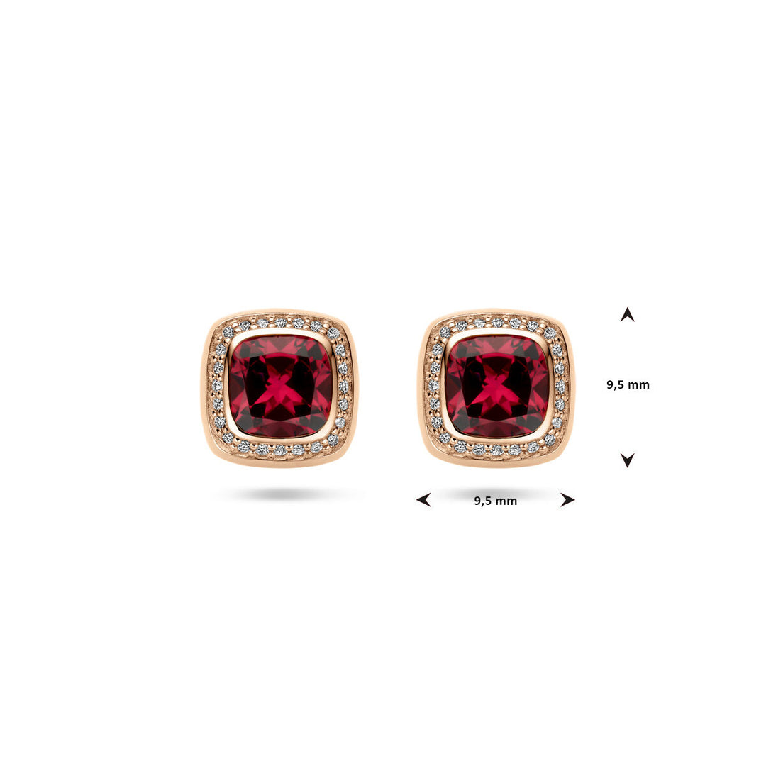 oorknoppen roze rhodoliet en diamant 0.15ct (2x 0.075ct) h si halo 14K roségoud