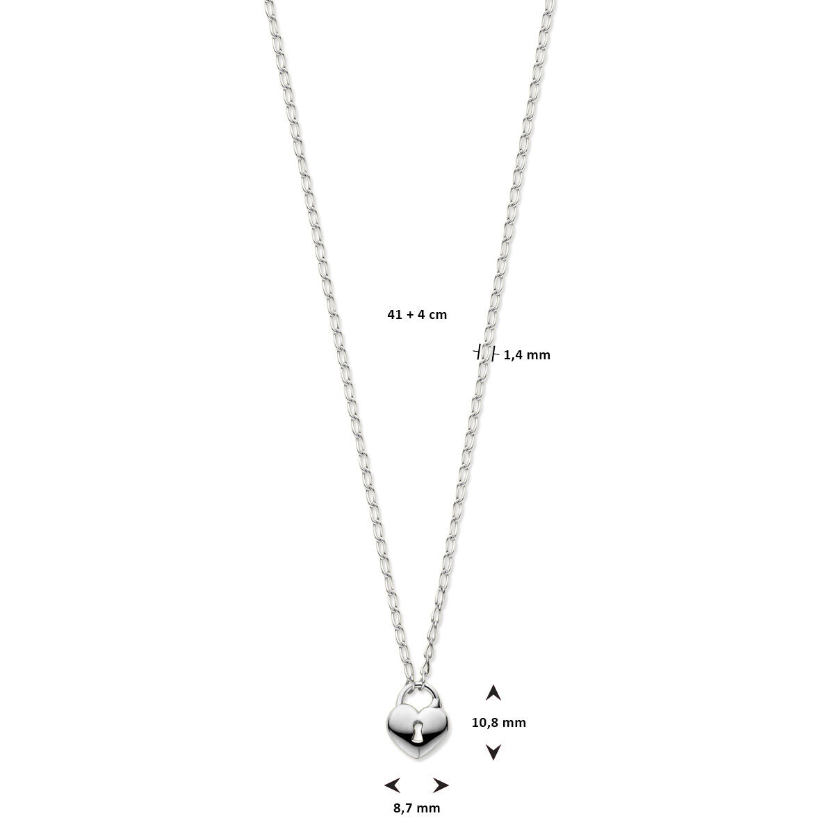 Zilveren ketting dames hart en slot gerhodineerd