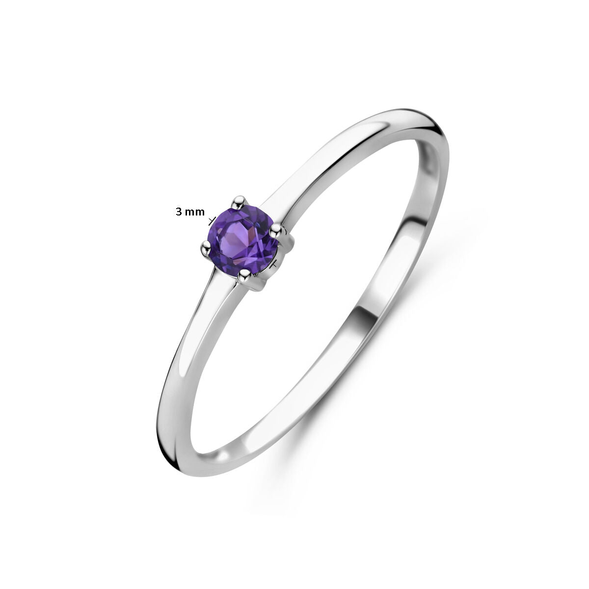 De Van der Kooij Collectie ring met geboortesteen amethist februari is gemaakt van gerhodineerd zilver, heeft een dunne band en een ronde 3 mm amethist in vierpoots zetting, prachtig gepresenteerd op een witte achtergrond.
