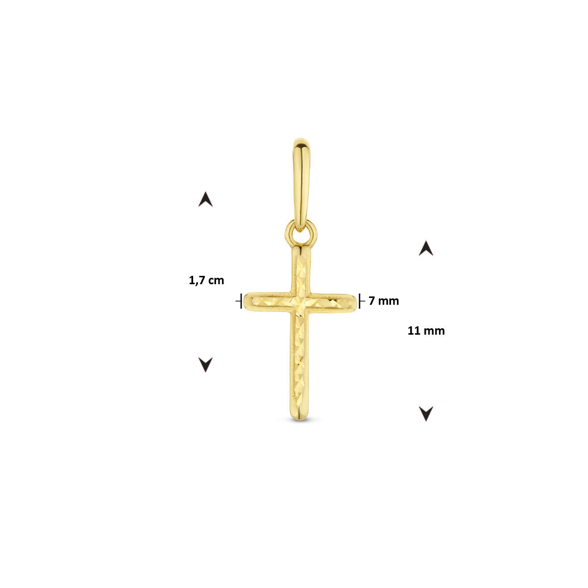 De Van der Kooij Collectie hanger kruis gediamanteerd 14K geelgoud heeft een gepolijste, getextureerde afwerking en voldoet aan 1,7 cm x 11 mm met een horizontale arm van 7 mm, fraai getoond op een witte achtergrond.