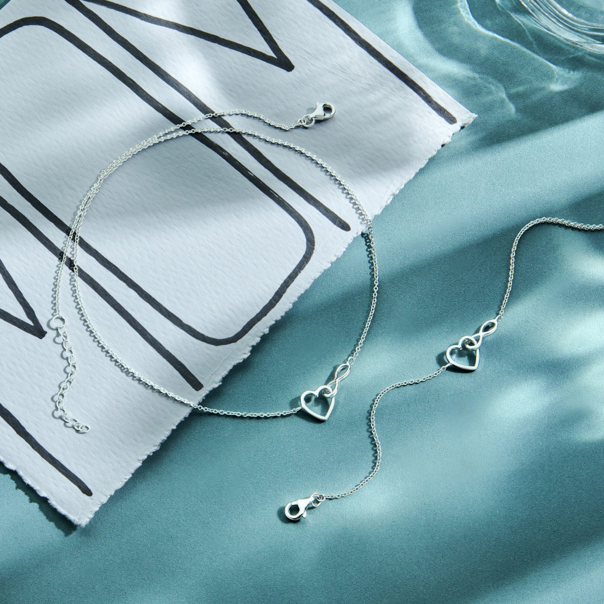 Silver necklace ladies heart and infinity rhodium plated
