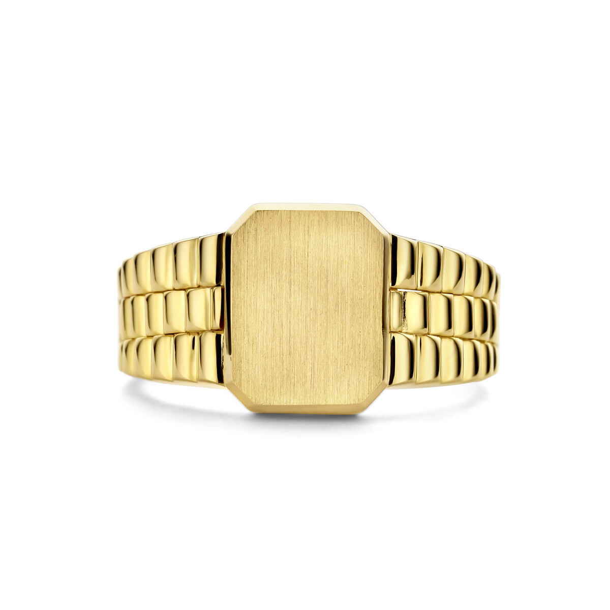 De graveerring gematteerd 14K geelgoud uit de Van der Kooij Collectie is een stijlvolle herenring met een rechthoekig, geborsteld middenstuk en gepolijste, gegroefde band-perfect als gouden zegelring voor heren.