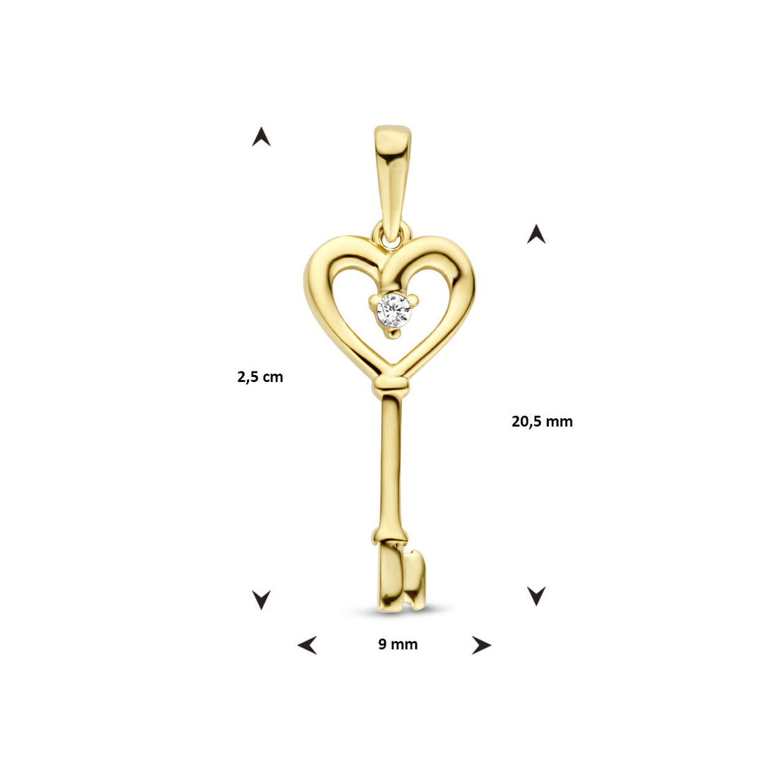 hanger hart en sleutel zirkonia 14K geelgoud