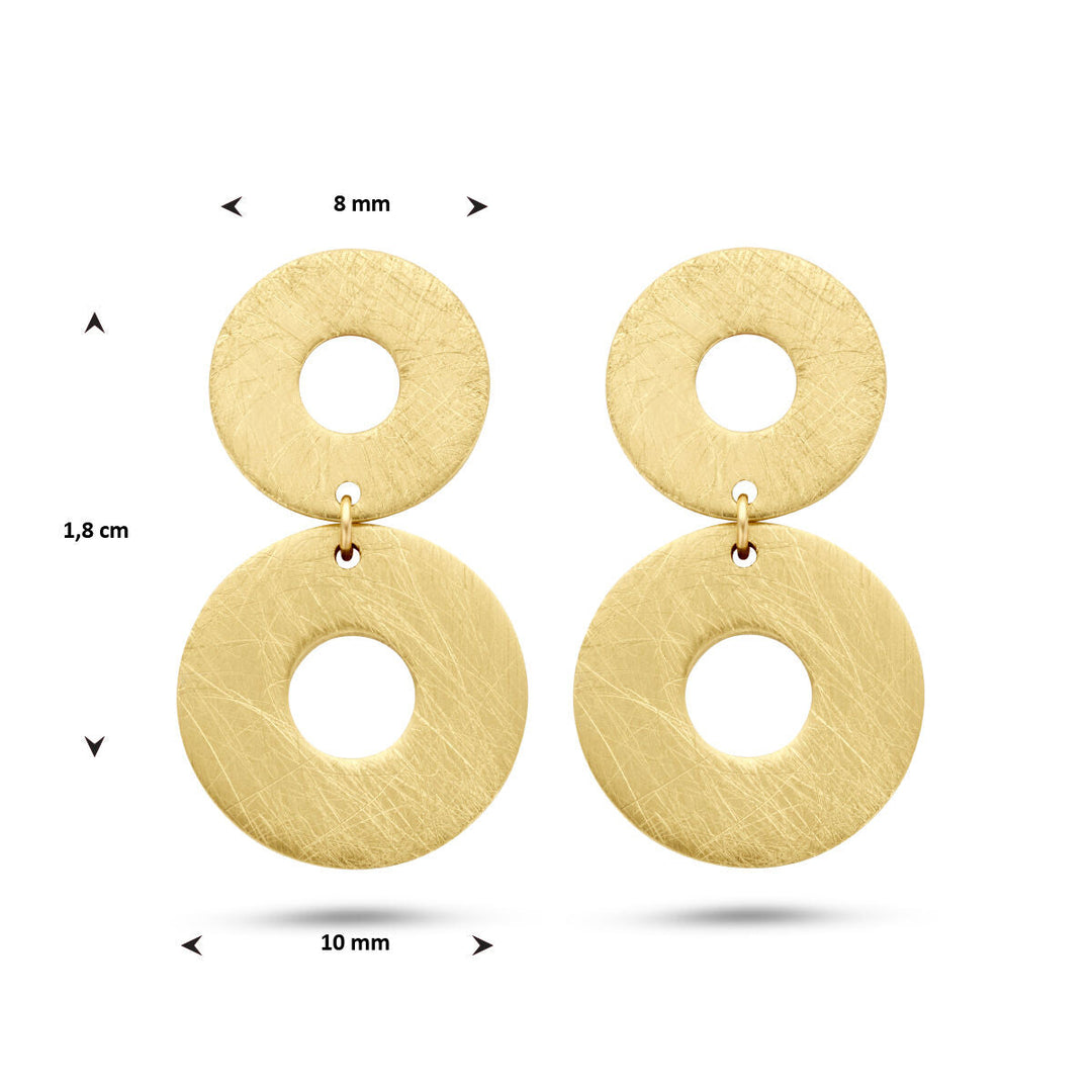Deze 14K geelgouden oorhangers uit de Van der Kooij Collectie hebben een poli/matte afwerking met twee gestructureerde schijven en centrale gaatjes van 1,8 cm voor een subtiel elegante look.