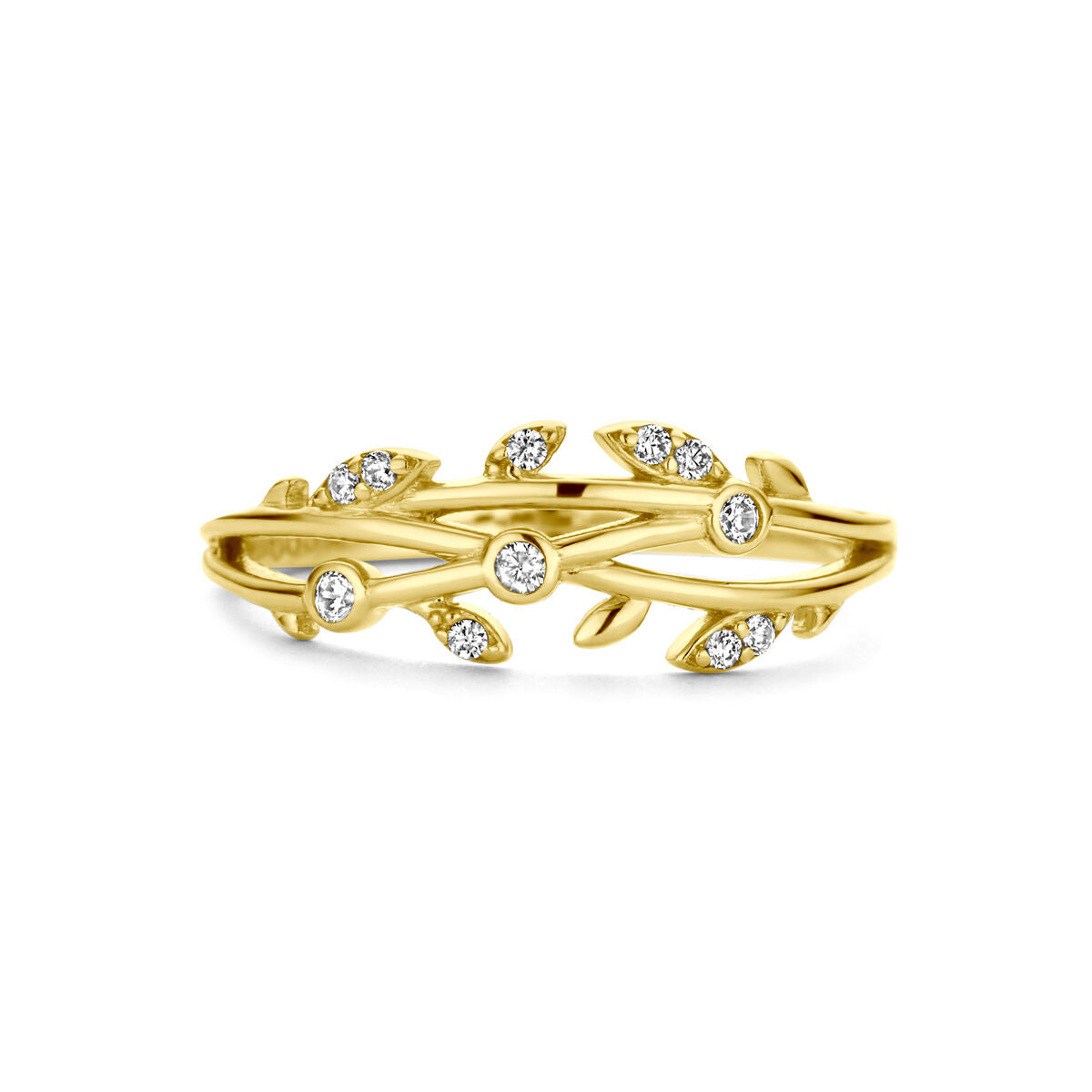 De Van der Kooij Collectie ring zirkonia 14K geelgoud is een damesring uitgevoerd in geelgoud met elegante blad- en rankmotieven geaccentueerd met fonkelende zirkonia stenen.