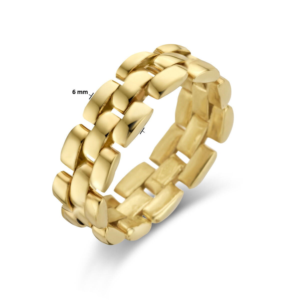 Een ring flexibele schakel 14K geelgoud uit de Van der Kooij Collectie, met een grof in elkaar grijpend ontwerp van 6 mm breed, prachtig gepresenteerd op een witte achtergrond.