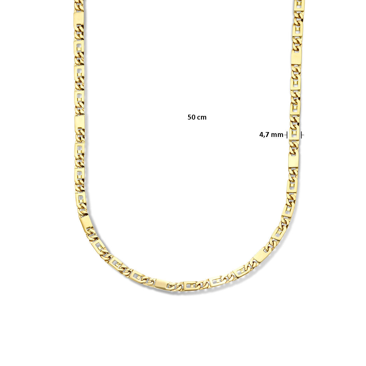 Gouden ketting heren - collier valkenoog 4,7 mm 14K van Van der Kooij Collectie, 50 cm lang met rechthoekige schakels; demonstratie tegen een witte achtergrond met maataanduiding—robuust en elegant.