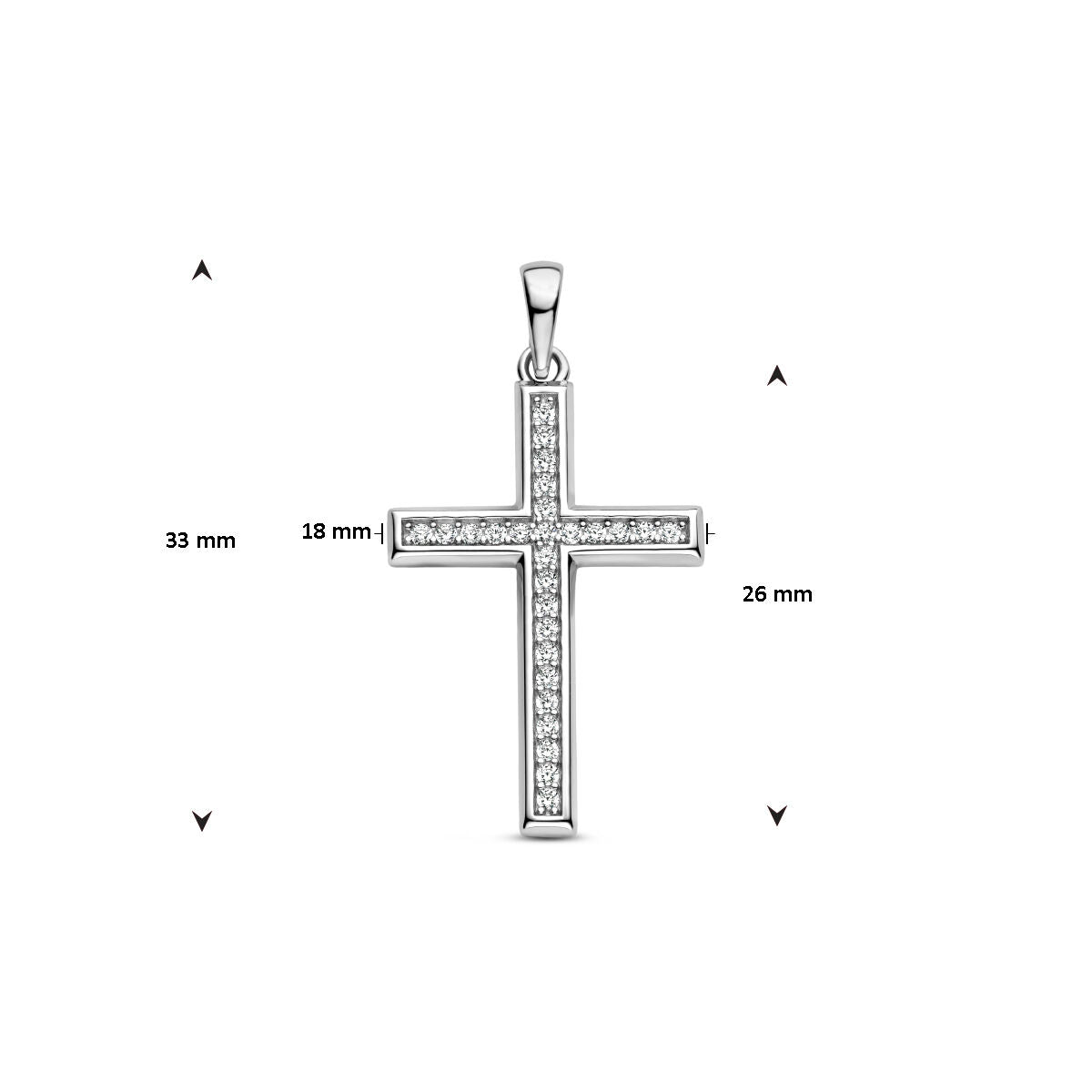 Stijlvolle Van der Kooij Collectie hanger kruis zirkonia zilver gerhodineerd, 33 mm breed, 26 mm hoog, 18 mm tussen de armen, met lus voor een ketting. Sprankelende zirkonia op een witte achtergrond.